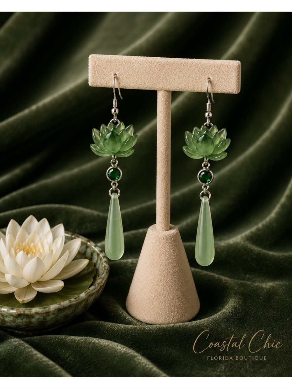 Green Lotus Faux Jade Drop Earrings